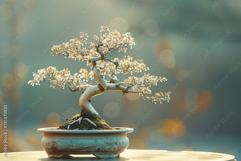 Poster experience tranquility with a serene composition featuring a perfectly pruned miniature bonsai tree 