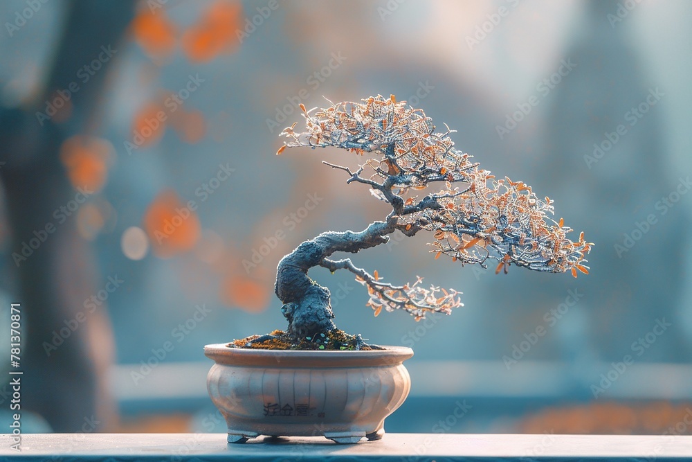 Poster experience tranquility with a serene composition featuring a perfectly pruned miniature bonsai tree 