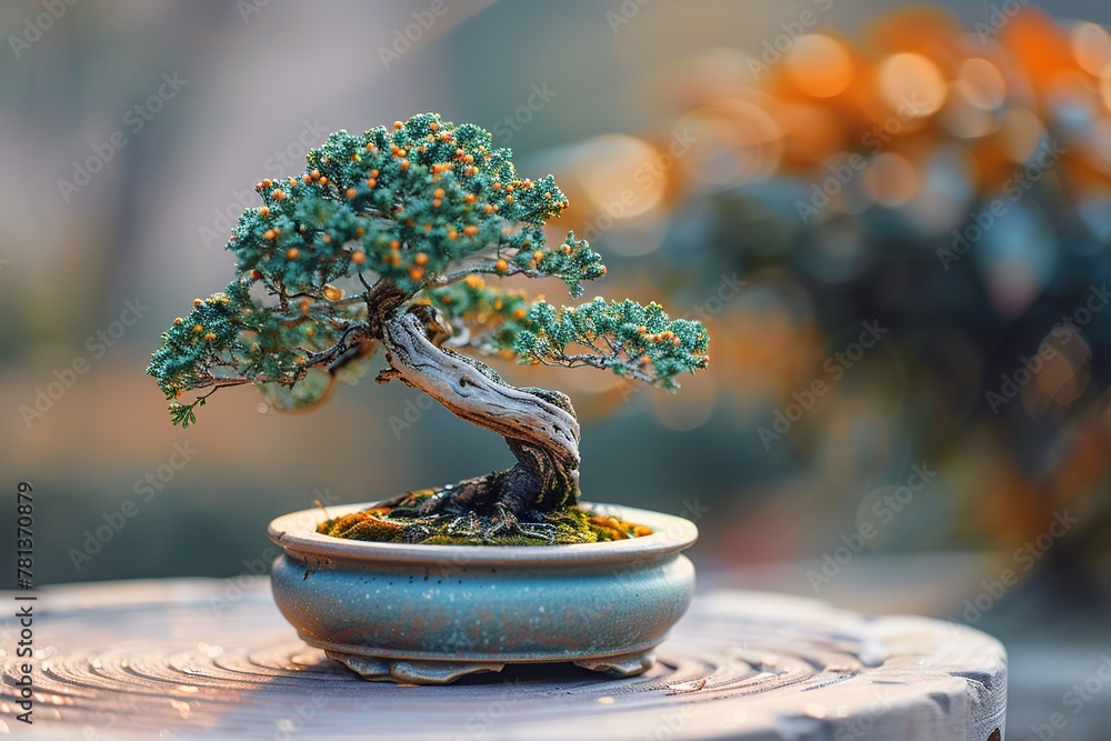 Poster experience tranquility with a serene composition featuring a perfectly pruned miniature bonsai tree 