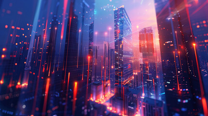 A stock market graph and skyscrapers background, with financial data visualization in the style of corporate photography, Generative AI.
