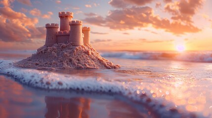 A lone sandcastle standing proudly on the shore, built by an unseen hand and destined to be reclaimed by the sea.