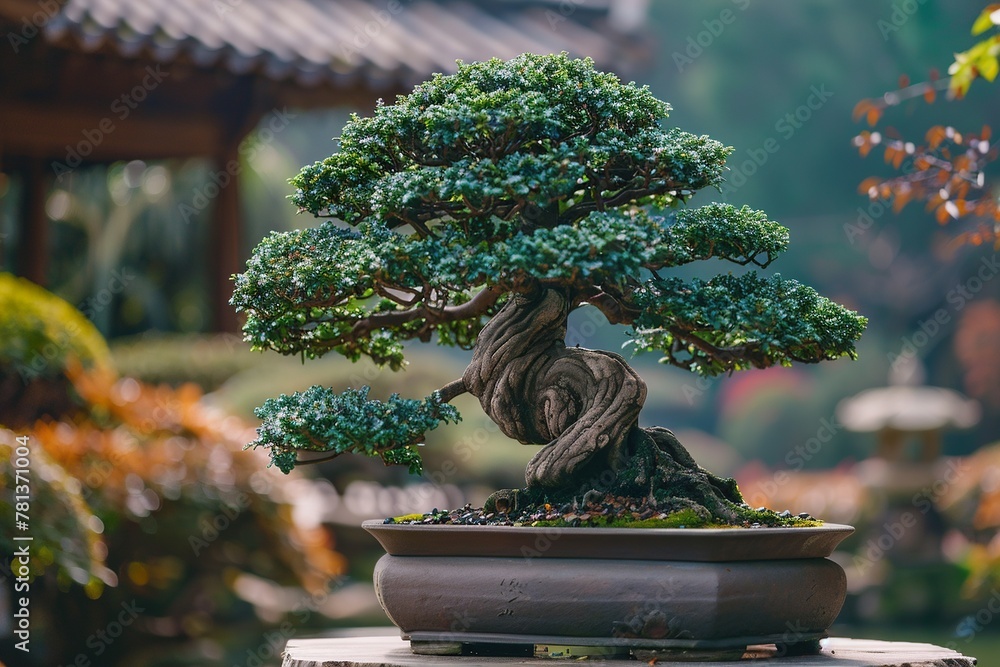 Poster experience tranquility with a serene composition featuring a perfectly pruned miniature bonsai tree 