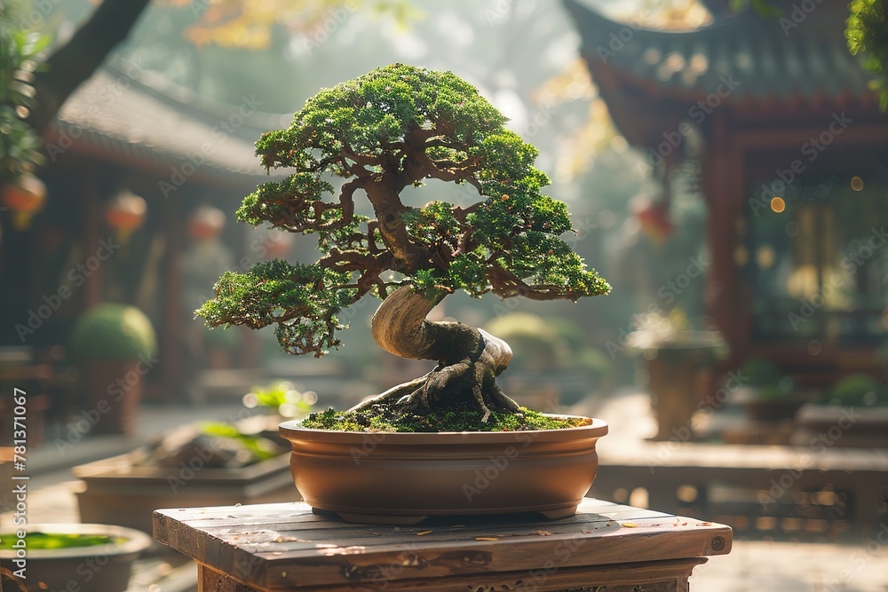 Poster experience tranquility with a serene composition featuring a perfectly pruned miniature bonsai tree 