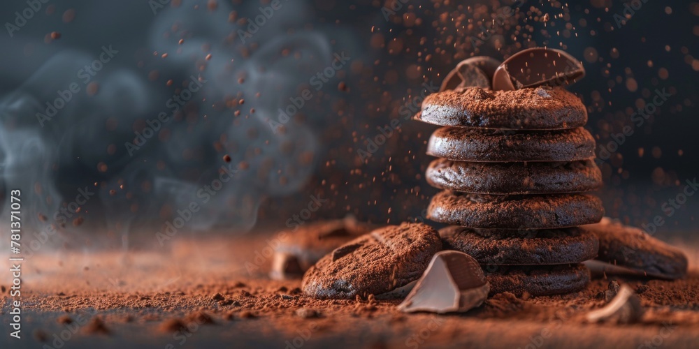 Poster delicious chocolate cookies in a dynamic composition with cocoa powder exploding around them.