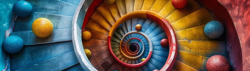 the essence of movement and playfulness in a birds-eye view image of a series of colorful balls cascading down a spiral staircase