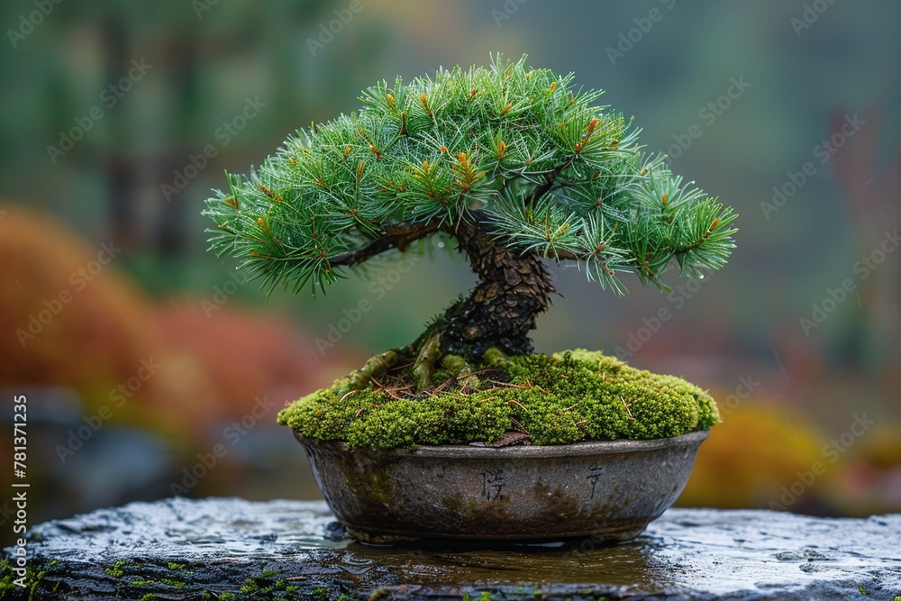 Poster experience tranquility with a serene composition featuring a perfectly pruned miniature bonsai tree 