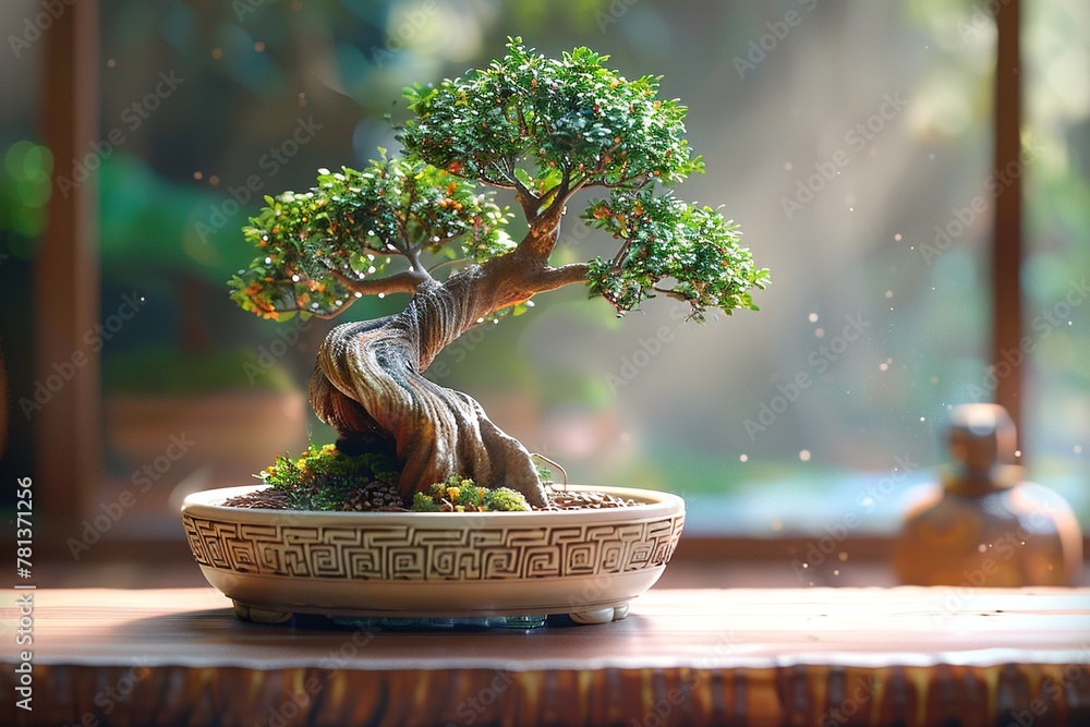 Poster experience tranquility with a serene composition featuring a perfectly pruned miniature bonsai tree 