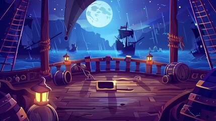 Pirate ship deck onboard night view, wooden boat with a cannon, a glow lantern, a barrel of wood, the hold entrance, mast with ropes, and the Jolly Roger flag against a dark seascape background, - obrazy, fototapety, plakaty