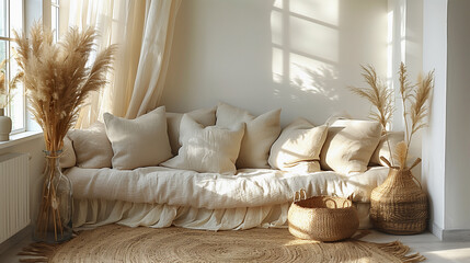 modern living room interior with sofa, softly-lit from the window, cozy home environment with plush textiles