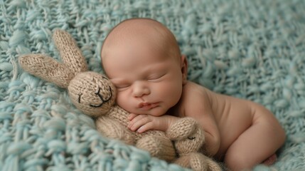 An adorable newborn sleeps soundly, cuddled with a handcrafted bunny, conveying innocence and peace.