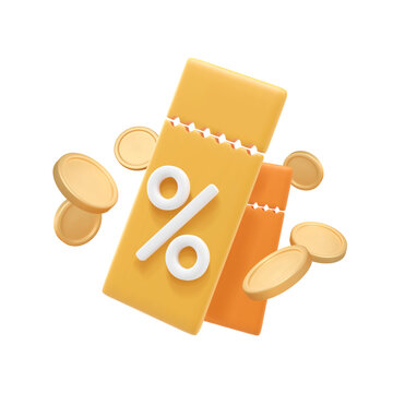 3d voucher. Tear-off coupon with coins. Sale lucky label with floating money. Discount offer in plastic style, ticket with percent sign. Isolated vector illustration.