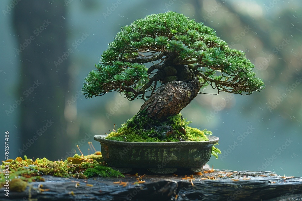 Poster experience tranquility with a serene composition featuring a perfectly pruned miniature bonsai tree 