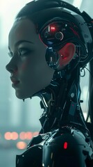 Futuristic android girl with a complex helmet and intricate details showcasing technology and emotion