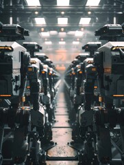 Obraz premium Futuristic robots in a row, equipped with combat weaponry in an industrial hangar