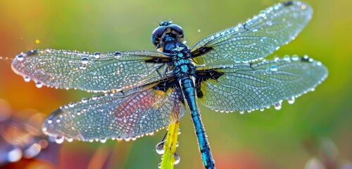 A blue dragonfly with black stripes perched on the edge of an insect's wing, which is covered in dewdrops against a green background.  - Powered by Adobe