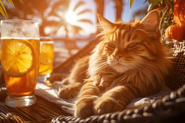A ginger cat relaxes beside a refreshing iced tea, basking in the sun's embrace