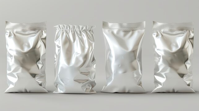 Blank white, transparent and silver metallic colored pillow packages for food production, snack, chips or cookies, isolated design element Rendering of a realistic 3D modern mockup.