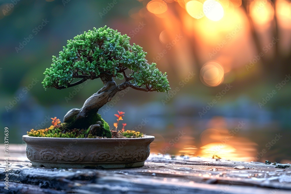 Poster experience tranquility with a serene composition featuring a perfectly pruned miniature bonsai tree 