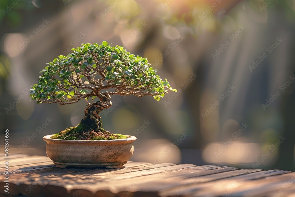 Poster experience tranquility with a serene composition featuring a perfectly pruned miniature bonsai tree 