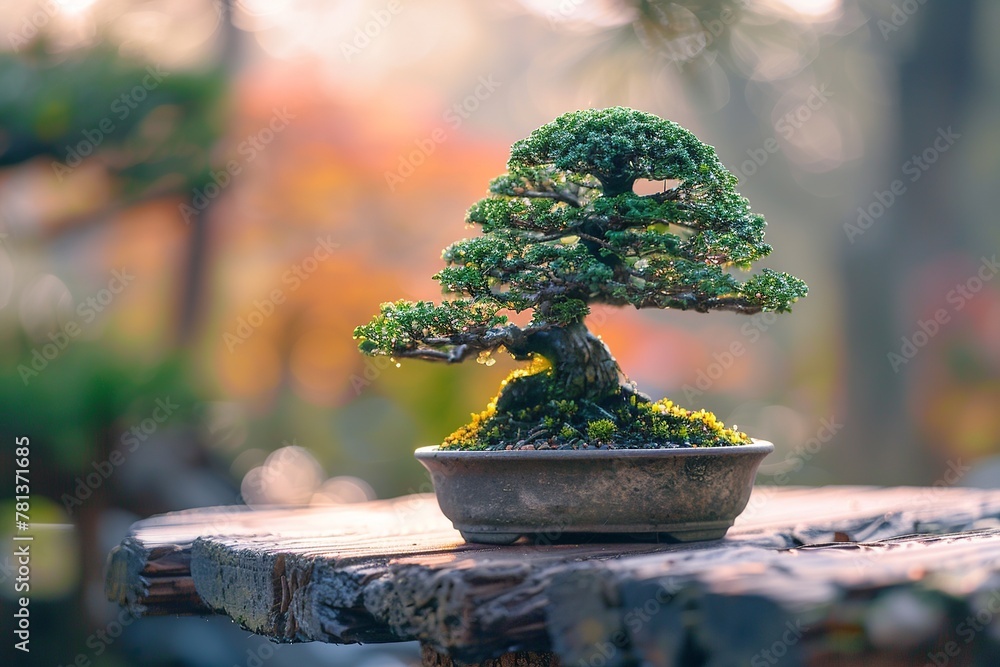 Poster experience tranquility with a serene composition featuring a perfectly pruned miniature bonsai tree 