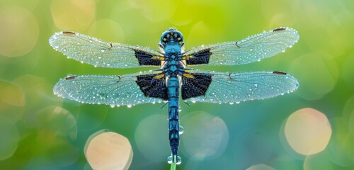A blue dragonfly with black stripes perched on the edge of an insect's wing, which is covered in dewdrops against a green background. - Powered by Adobe