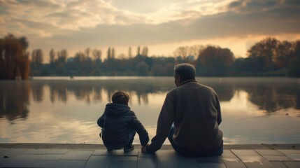 A touching scene of a grandfather and his grandchild sitting by a peaceful lake, enjoying a tranquil sunset together.