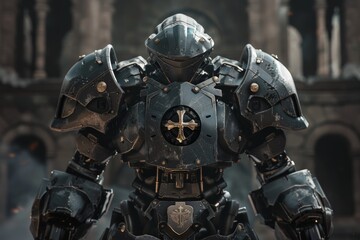 Fototapeta premium Armored mecha knight standing in an ancient hall, embodying a fusion of medieval and futuristic warfare.