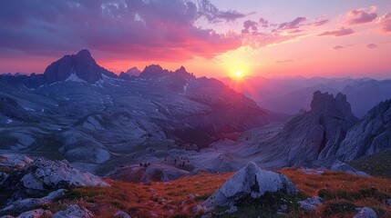 The sun dipped below the horizon, casting a warm glow over the rugged peaks, painting the sky in hues of orange and pink. - obrazy, fototapety, plakaty