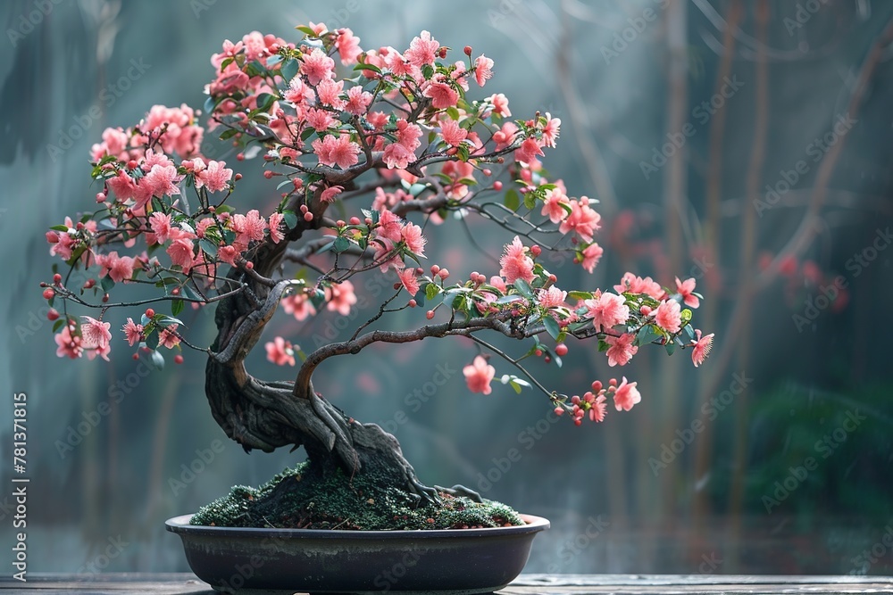 Poster experience tranquility with a serene composition featuring a perfectly pruned miniature bonsai tree 