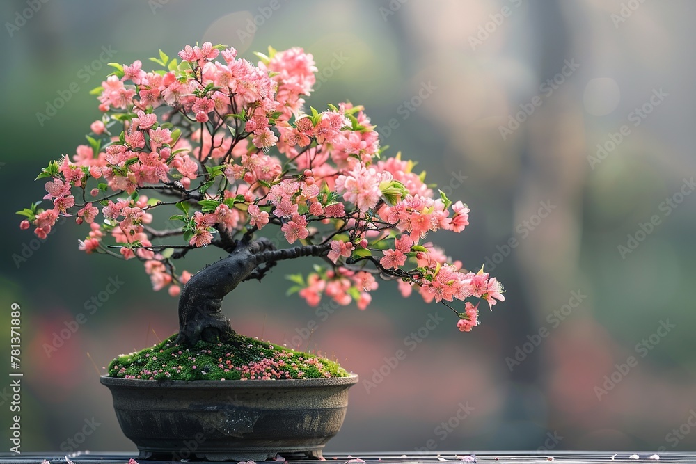 Poster experience tranquility with a serene composition featuring a perfectly pruned miniature bonsai tree 