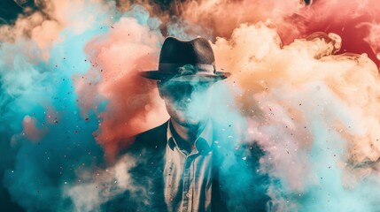 A man in a fedora shrouded in colorful smoke and fog creating a mysterious atmosphere. - obrazy, fototapety, plakaty