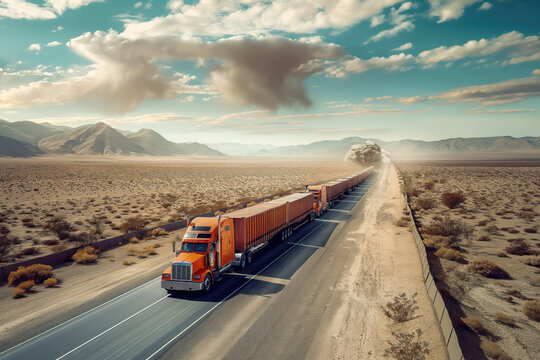 Driving in desert of Australia is road train car train truck transporting cargo AI Generative
