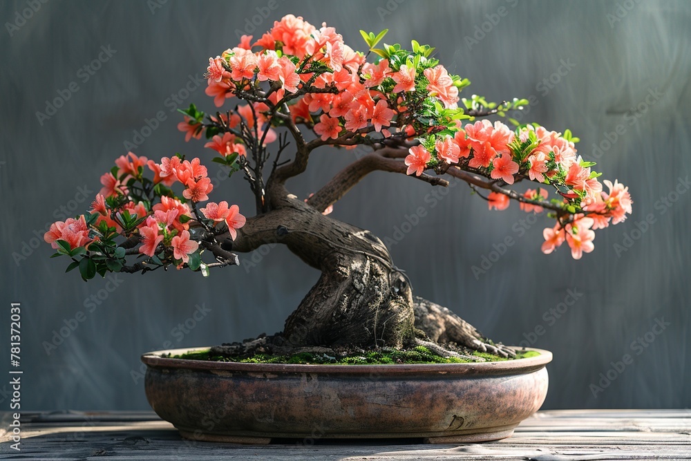 Poster experience tranquility with a serene composition featuring a perfectly pruned miniature bonsai tree 