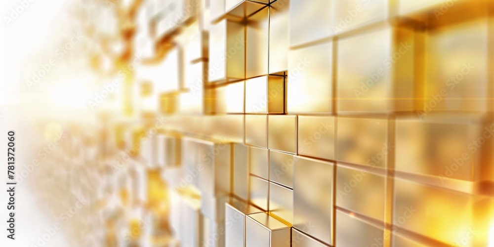 Poster warm golden abstract background with a geometric pattern of cubes, glowing with light.