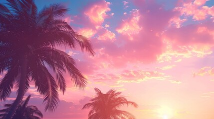 Fototapeta na wymiar Silhouetted palm trees under a vibrant pink sunset sky, evoking a tranquil tropical evening.