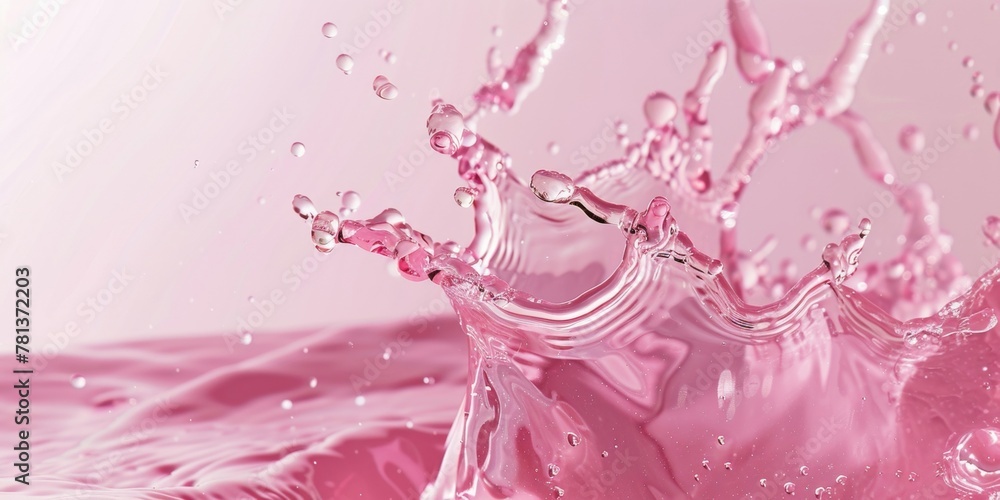 Poster dynamic high-speed photography captures a vibrant pink liquid creating intricate splash patterns.
