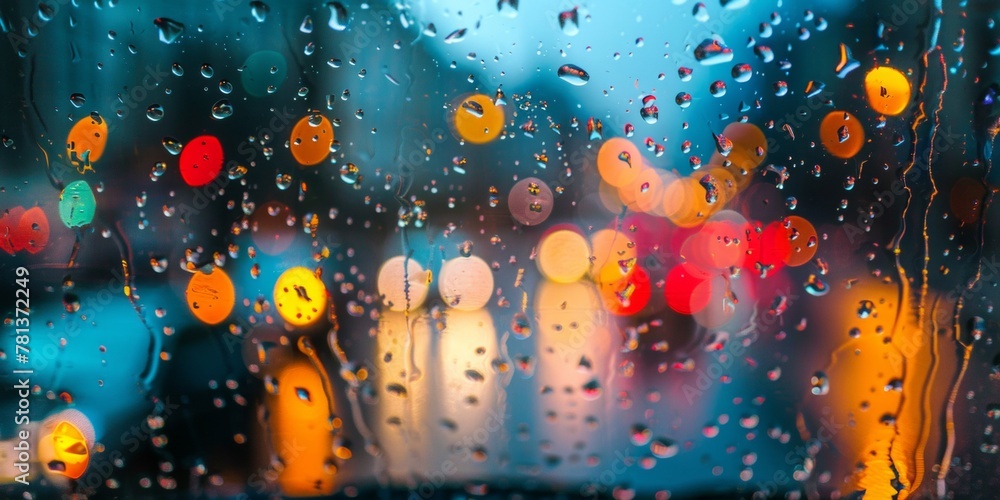 Poster raindrops on a window glass with defocused city lights creating a colorful bokeh effect in the eveni
