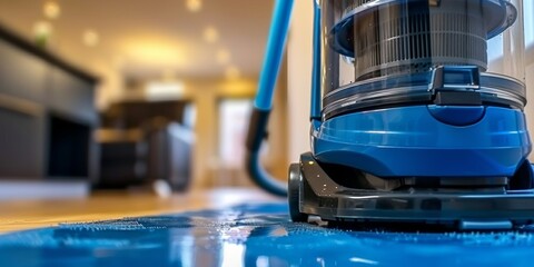 A detailed view of a modern blue vacuum cleaner in action, cleaning a textured carpet.