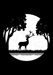 Silhouette of deer standing in night meadow. Magical misty landscape, full moon illustration. - 781372274