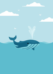 Whale in blue ocean childish illustration. Cute swimming blue whale - 781372454