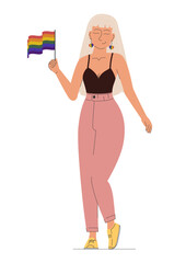 Girl lesbian LGBT concept illustration. Young woman hold lgbtq rainbow flag. Pride month celebration - 781372459