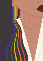 Young woman with rainbow earring illustration. Aesthetic art of lesbian lady.