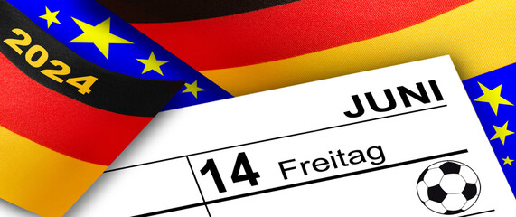 Deutscher Kalender und Fussball  Datum 14. Juni 2024 und Flagge - 781372494