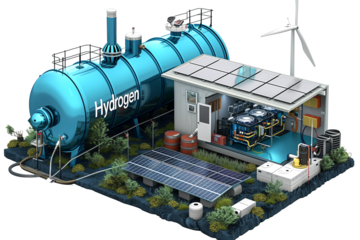 Hydrogen fuel and wind power plant for alternative energy production isolated on a white background