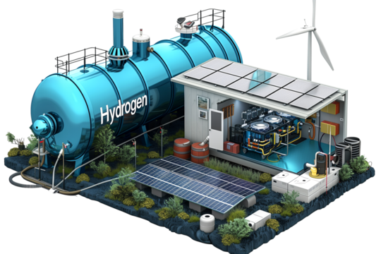 Hydrogen fuel and wind power plant for alternative energy production isolated on a white background