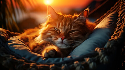 A majestic cat enjoys the warm glow of a setting sun while relaxing in a cozy hammock, exuding peace - 781372627