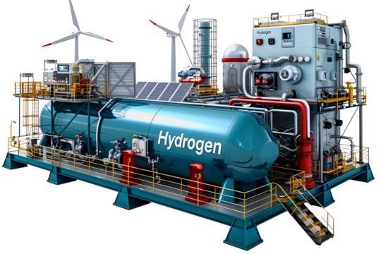 Hydrogen fuel and wind power plant for alternative energy production isolated on a white background