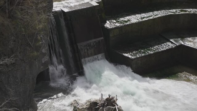 Lechfall waterfall, Lech river near Fussen, Ostallgaeu, Allgaeu, Swabia, Bavaria, Germany, Europe. Gedenkstein Via Claudia Augusta. Maxsteg Fussen. Wehr WKW Mangfall. King Max jetty. 
