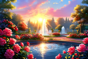Bright sunshine and fountain pretty rose garden. Generative AI
