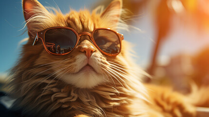 Close-up of a ginger cat with sunglasses enjoying the warm sunlight - 781373234